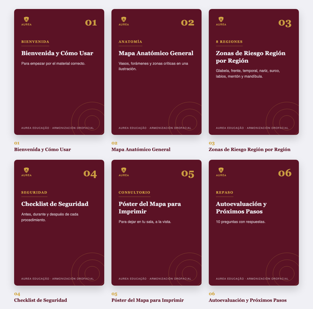 Los 6 materiales del Mapa de Zonas de Riesgo: Bienvenida y Cómo Usar, Mapa Anatómico General, Zonas de Riesgo Región por Región, Checklist de Seguridad, Póster del Mapa para Imprimir, Autoevaluación y Próximos Pasos