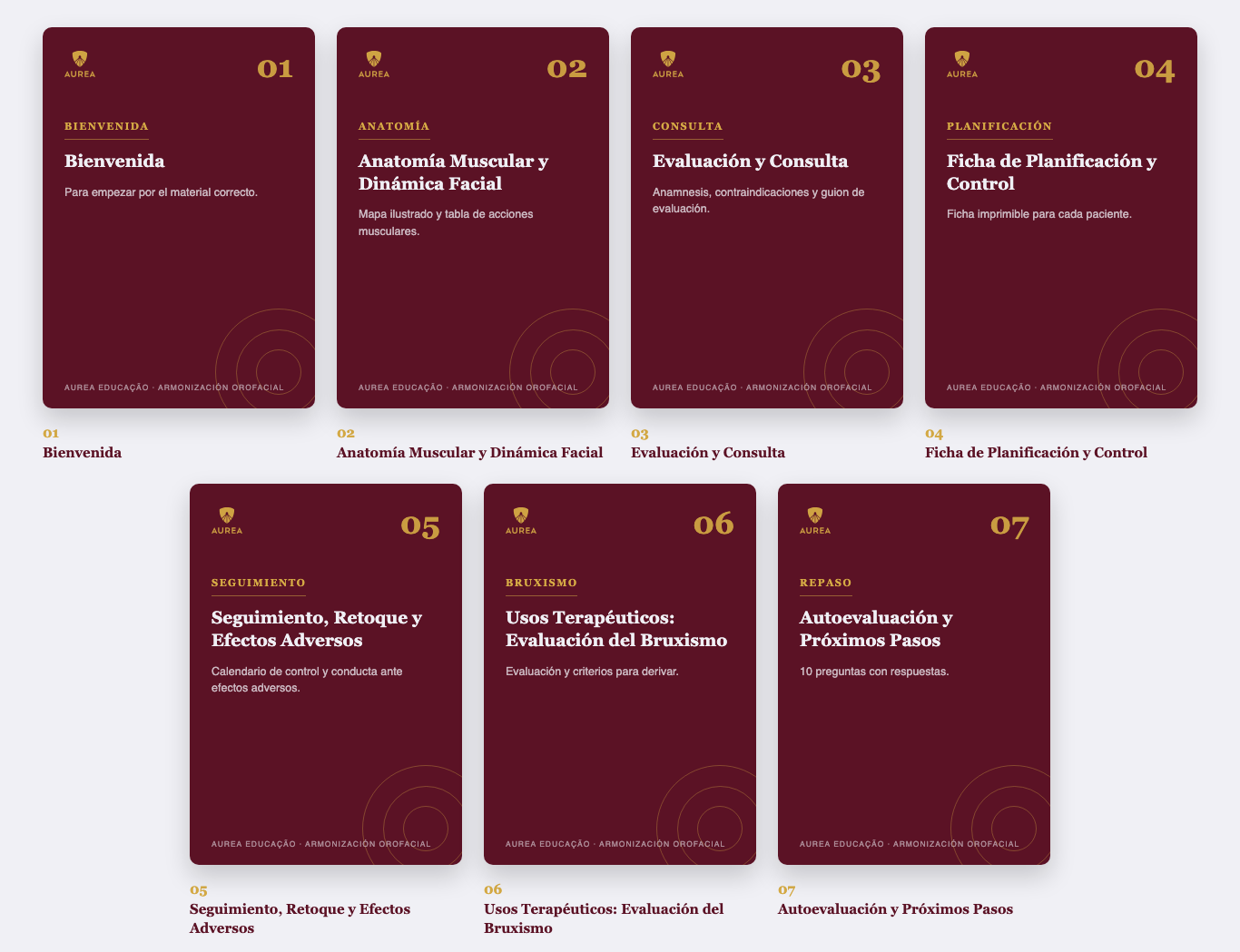 Los 7 materiales de Consulta y Planificación: Bienvenida, Anatomía Muscular y Dinámica Facial, Evaluación y Consulta, Ficha de Planificación y Control, Seguimiento Retoque y Efectos Adversos, Usos Terapéuticos Evaluación del Bruxismo, Autoevaluación y Próximos Pasos