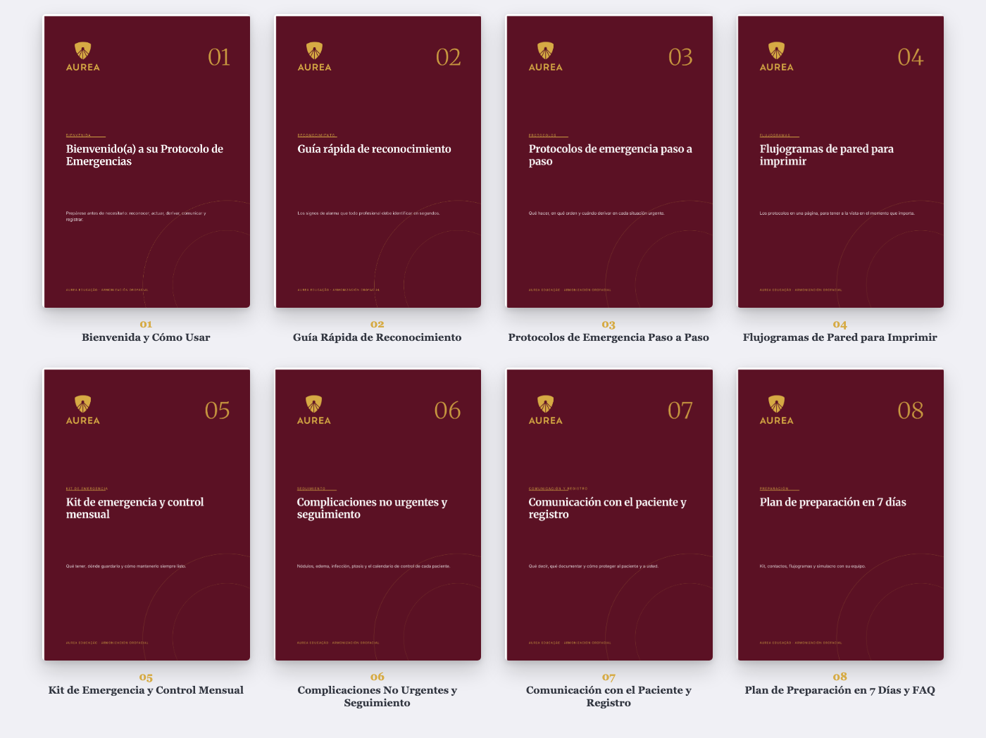 Los 8 materiales del Protocolo de Emergencias: Bienvenida y Cómo Usar, Guía Rápida de Reconocimiento, Protocolos de Emergencia Paso a Paso, Flujogramas de Pared, Kit de Emergencia y Control Mensual, Complicaciones No Urgentes y Seguimiento, Comunicación con el Paciente y Registro, Plan de Preparación en 7 Días y FAQ